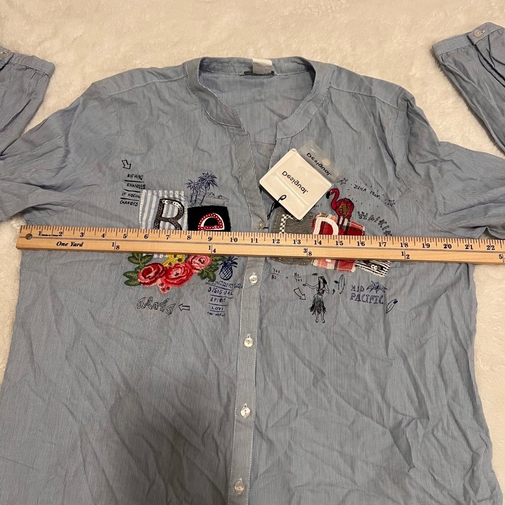 Desigual Striped Embroidered Patch Button Up Shir… - image 6